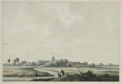 206268 Gezicht op het landschap in de omgeving van Westbroek met de kerktoren van Westbroek op de achtergrond.